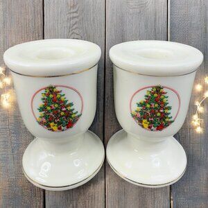 Vintage Japanese Porcelain Candle Stick Holder Set 2 Holiday Christmas Theme VTG